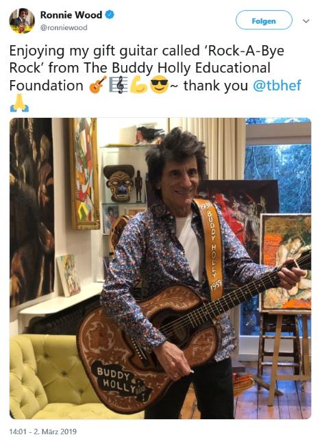 Ronnie Wood with the BHEF Buddy Holly Guitar