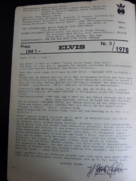 THE INTERNATIONAL ELVIS PRESLEY CLUB GOETTINGEN GERMANY, Issue 3 / 1970